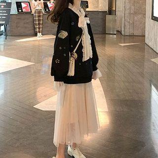Set: Planet Embroidered Top + Ruffle Long-sleeve Midi Shift Dress