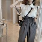 Pointy-collar Sleeveless Shirt / Paperbag High-waist Jumper Pants