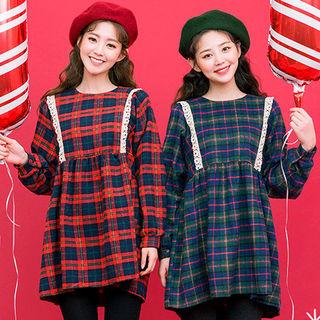Puff-sleeve Laced Plaid Mini Empire Dress