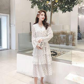 Polka Dot Long-sleeve Tiered Chiffon Dress