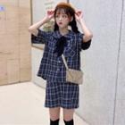 Set: Elbow-sleeve Plaid Shirt + Mini Fitted Skirt Blue - One Size