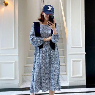 Set: Tie-waist Floral Dress + Knit Scarf