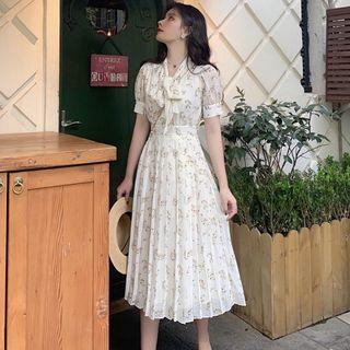Floral Ribbon-neckline Chiffon Dress