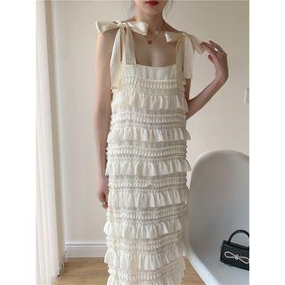 Spaghetti Strap Ruffle Trim Midi Shift Dress