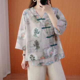 Elbow-sleeve Leaf Print Cheongsam Top