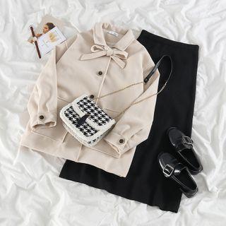 Tie-neck Single-breasted Jacket / Midi A-line Knit Skirt