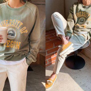 Raglan-sleeve Letter Sweatshirt Khaki - One Size