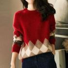 Long-sleeve Argyle Color Block Knit Sweater