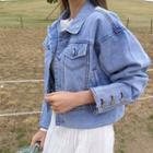 Flap-pocket Washed Denim Jacket Blue - One Size