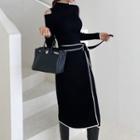 Long-sleeve Mock-neck Cold Shoulder Tie-waist Knit Midi Sheath Dress Black - One Size