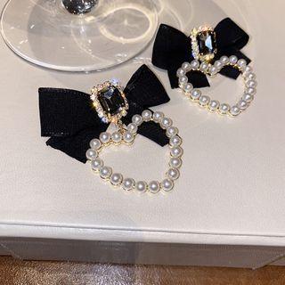 Rhinestone Faux Pearl Bow Heart Drop Earring 1 Pair - White Pearl & Black Bow - One Size
