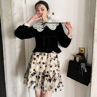 Lace Blouse / Square-neck Velvet Top