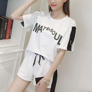 Set: Lettering Contrast Trim Short Sleeve T-shirt + Drawstring Shorts