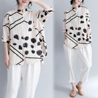 Elbow-sleeve Print Shirt Almond - One Size