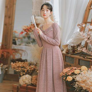 Plain Collared Long-sleeve Knit Dress