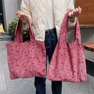 Corduroy Floral Printed Shoulder Tote Bag