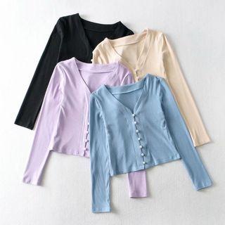 V-neck Faux Pearl Button Cropped T-shirt