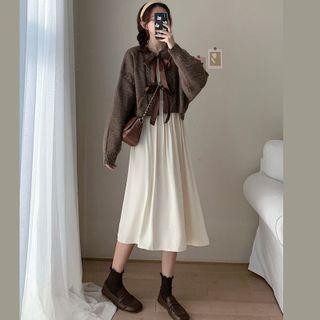Set: Long Sleeve Plain Pleated Midi Dress + Lace-up Cardigan
