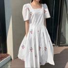 Short Sleeve Square Neck Floral Embroidered A-line Dress