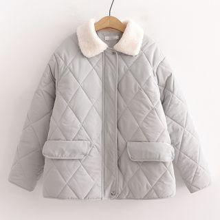 Fleece-collar Quilted Zip-up Jacket
