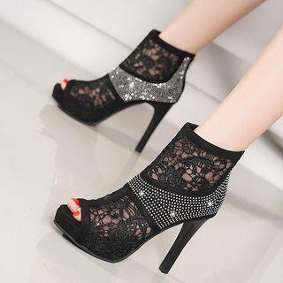 Embellished Mesh Panel Peep-toe High-heel Ankle Boots