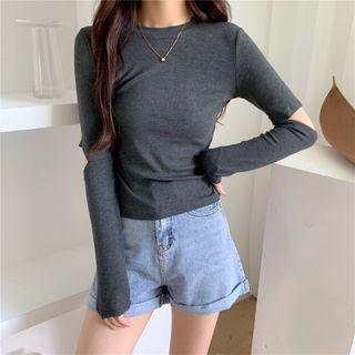 Crewneck Plain Split Long-sleeve Top
