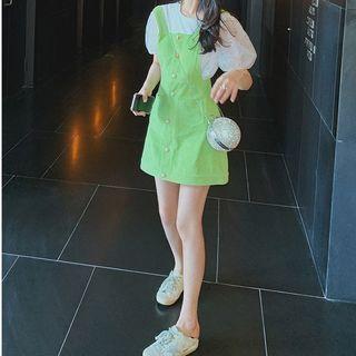 Set: Puff-sleeve Mesh Top + Mini A-line Pinafore Dress