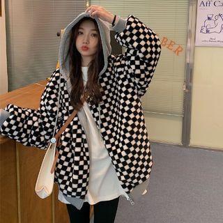 Mock Two-piece Checkerboard Fleece Zip-up Hoodie Checkerboard - Black & White - One Size