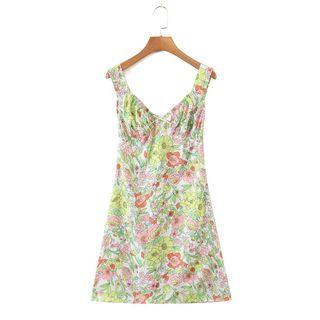 Heart Printed V-neck Sleeveless A-line Mini Dress