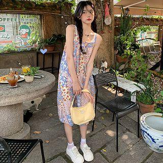 Sleeveless Floral Print Panel Midi A-line Dress