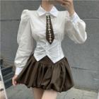 Set: Long Sleeve Shirt With Tie + A-line Skirt