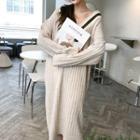Contrast Trim V-neck Midi Sweater Dress Almond - One Size