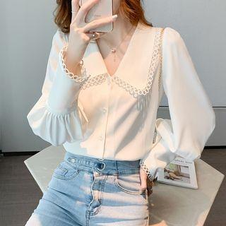 Lantern Sleeve Lace Trim Chiffon Shirt