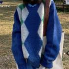 Round Neck Argyle Sweater Argyle - Blue & Gray & Green - One Size