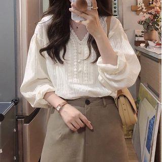 V-neck Lace Trim Blouse / A-line Skirt