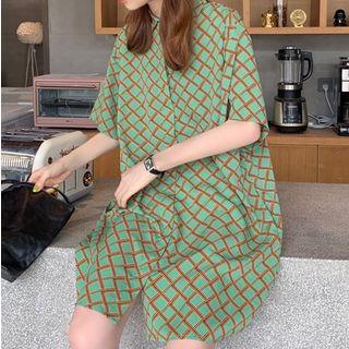 Printed Short Sleeve Shirtdress Green - One Size