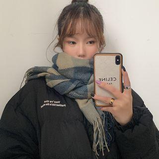 Plaid Fringed Scarf Plaid - Blue & Almond - One Size