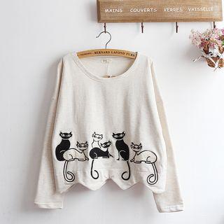 Cat Embroidered Scallop Hem Long Sleeve T-shirt