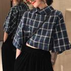 Elbow-sleeve Plaid Crop Blouse As Shown In Figure - One Size