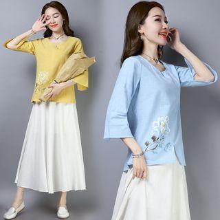 Print V-neck 3/4-sleeve T Shirt