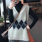 Turtleneck Long-sleeve T-shirt / V-neck Argyle Knit Vest / Wide-leg Pants