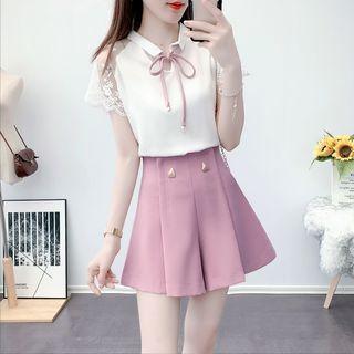 Set: Short-sleeve Tie-neck Blouse + Wide Leg Shorts