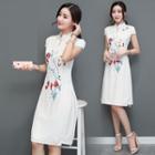 Embroidered Mandarin-collar Short-sleeve A-line Dress