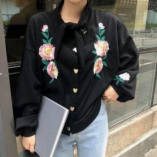 Flower Embroidered Loose-fit Bow Jacket