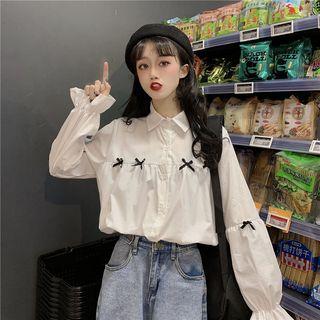 Long-sleeve Bow-accent Shirt Bow - White - One Size