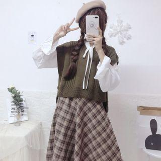 Flared-cuff Blouse / Knit Vest / Plaid Midi A-line Skirt