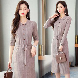 Collared Drawstring-waist Midi Rib Knit Dress