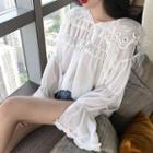 Embroidered Collar Lace Trim Blouse White - One Size