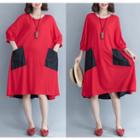3/4-sleeve Color Block Midi Dress Red - One Size