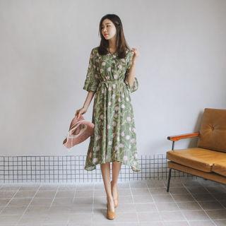 Floral Chiffon Midi Dress With Sash